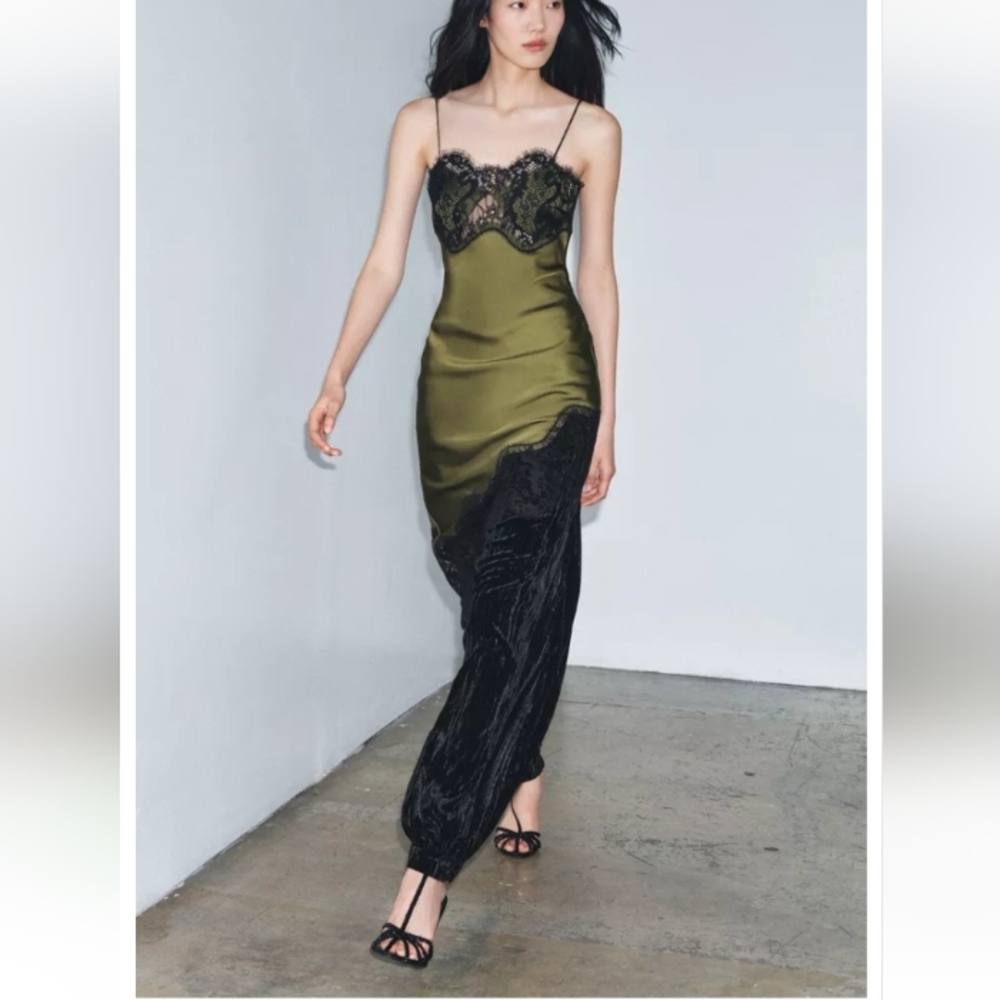 Zara Zw Collection Asymmetric Trendy Green and Black Lace Dress - Picture 3 of 16